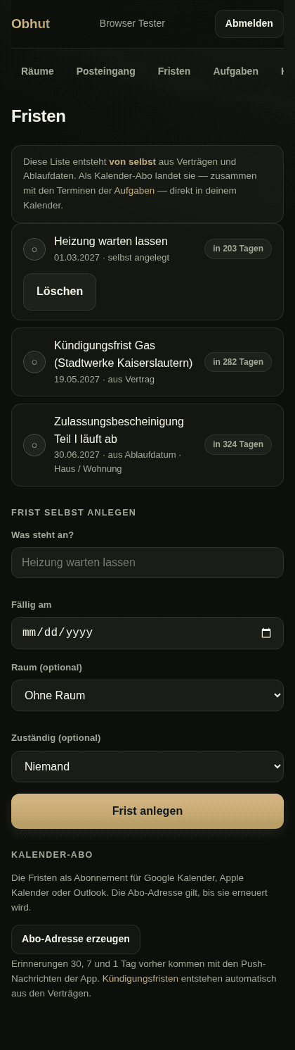 Fristenliste in Obhut mit Kündigungsfrist und Kalender-Abo