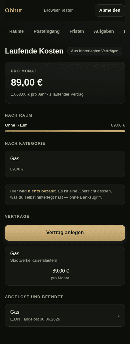 Laufende Kosten in Obhut: 89 Euro pro Monat mit Wechselhistorie
